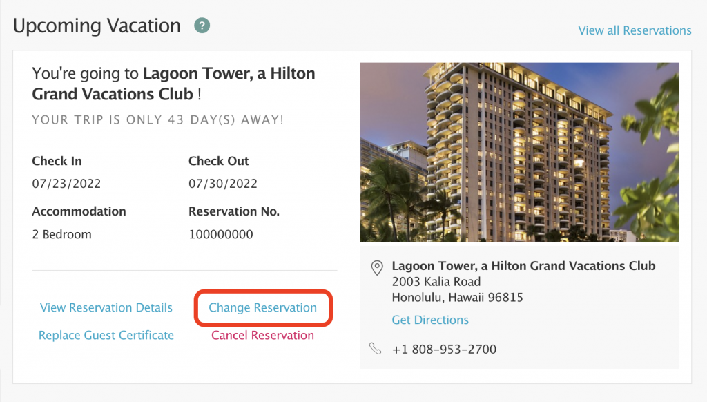 Change Reservation Button - HGV Dashboard