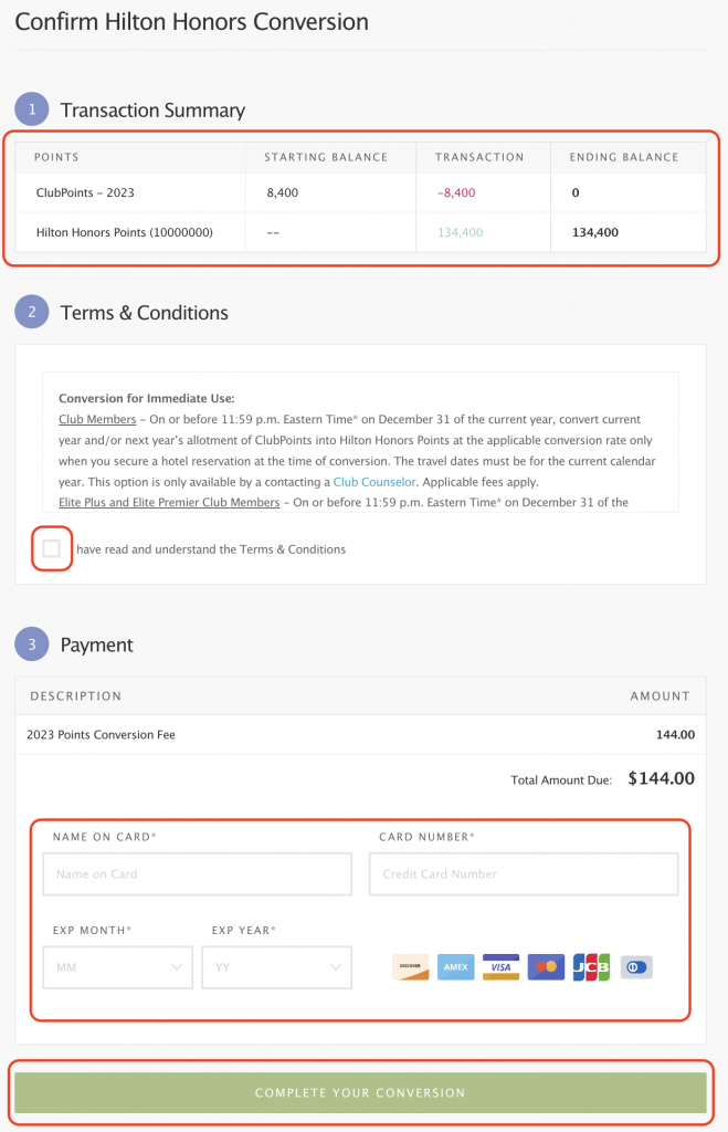 Confirm Hilton Honors Conversion Page - HGV Dashboard