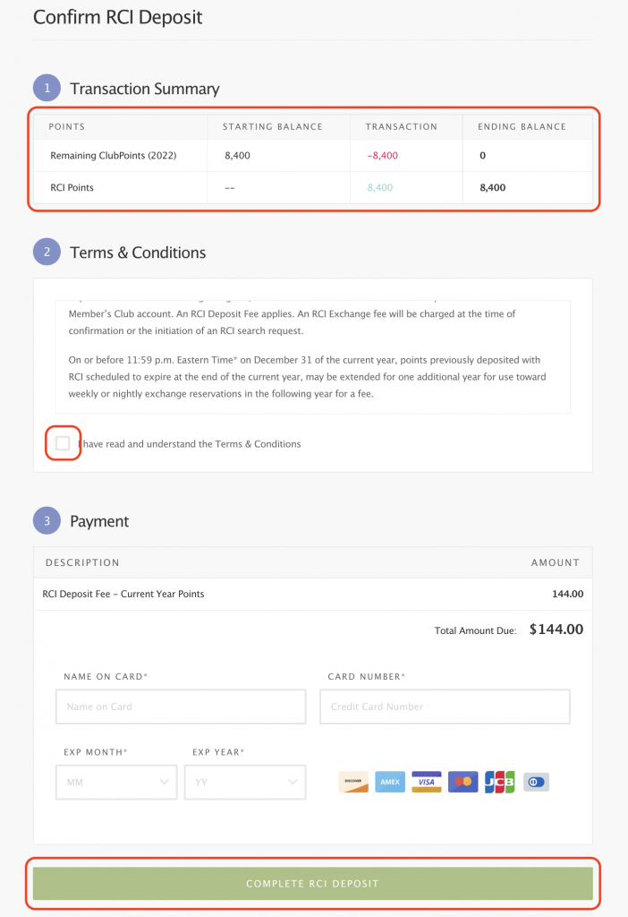 Confirm RCI Deposit - HGV Dashboard