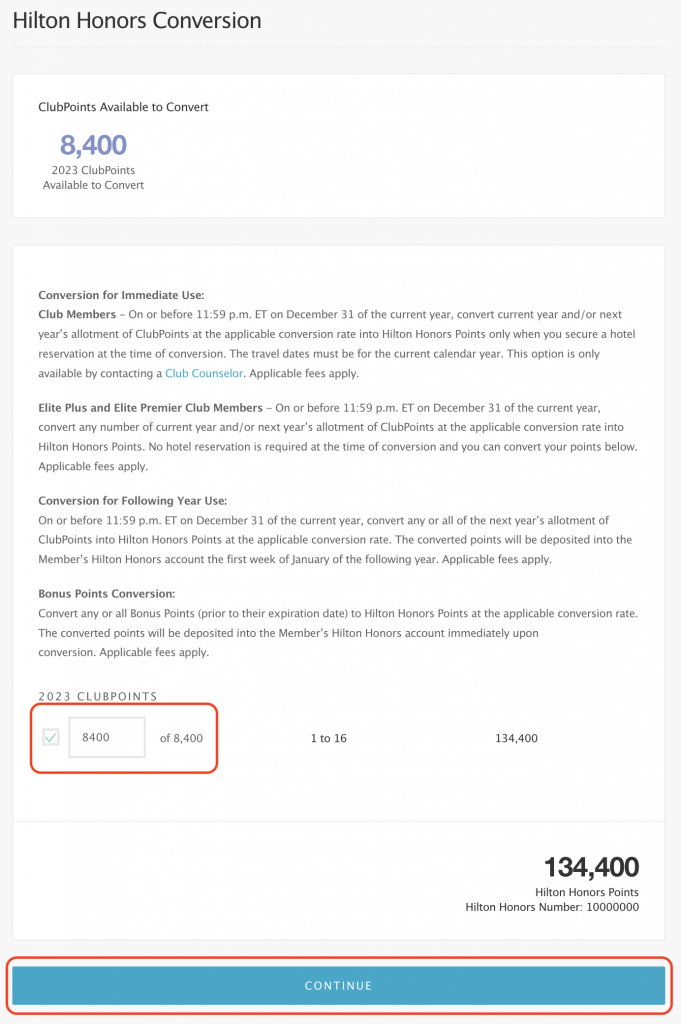 Hilton Honors Conversion page - HGV Dashboard
